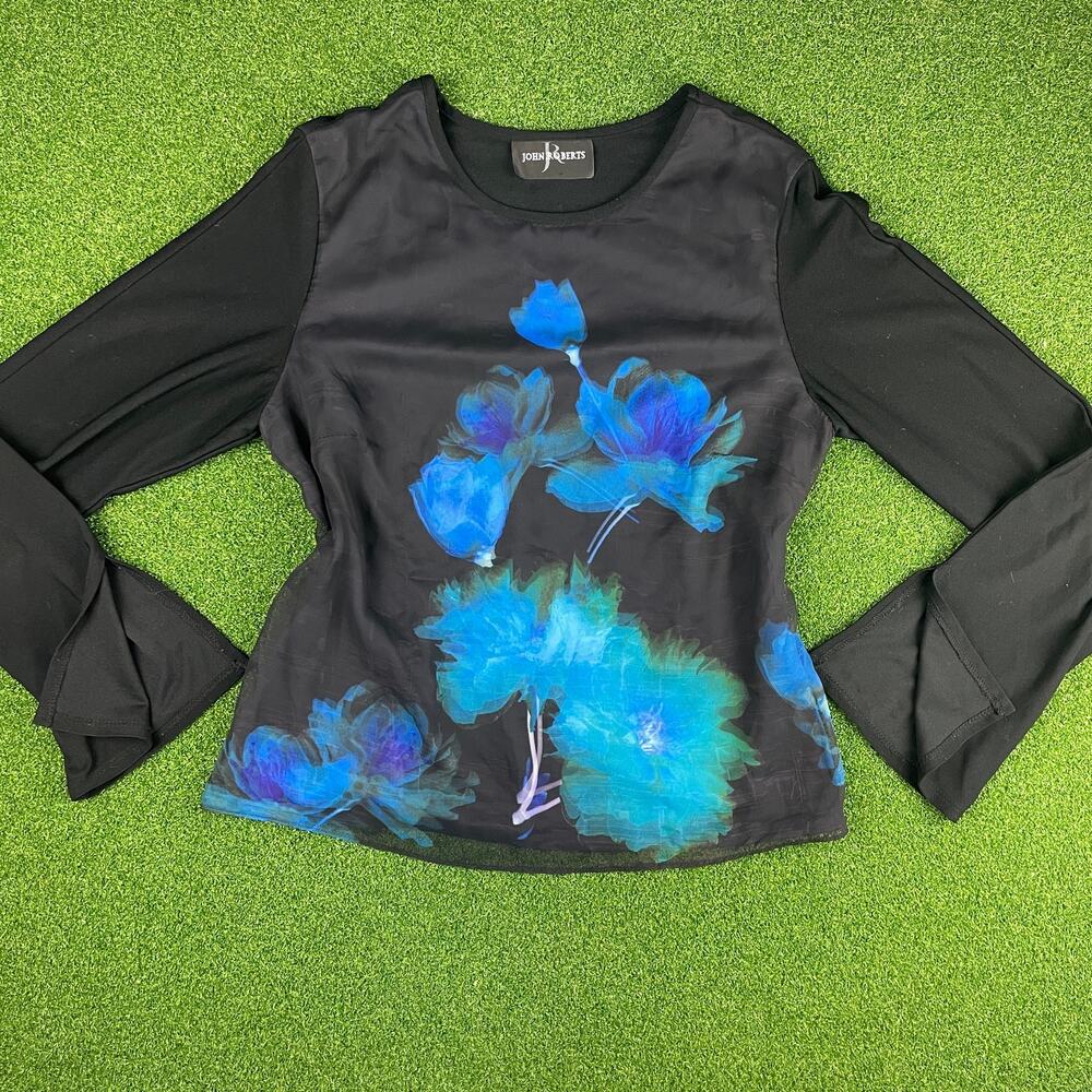 Vintage 90s Y2K John Roberts Sheer Layered Floral Abstract Long Sleeve Top Sz S